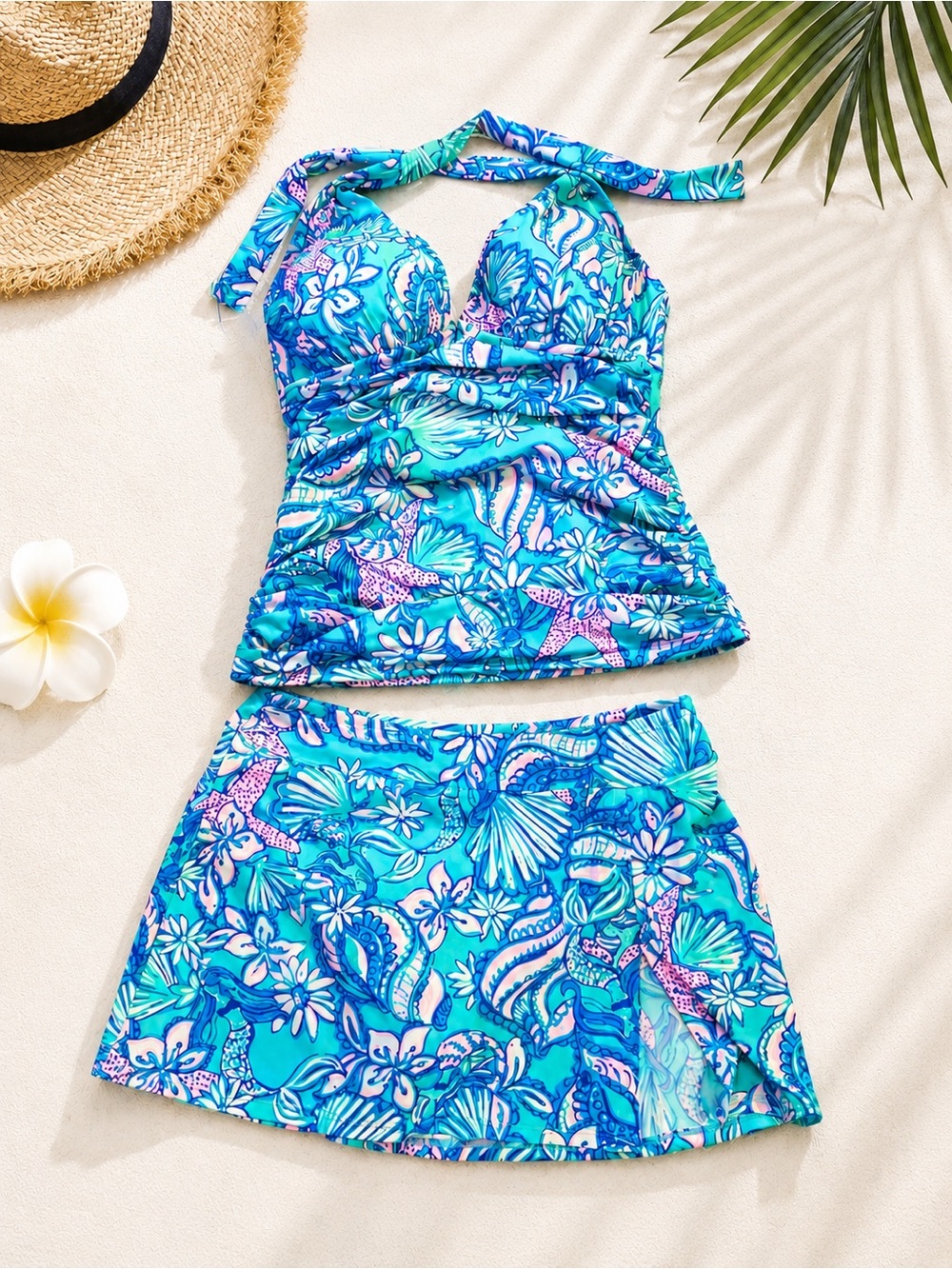 Lilly Pulitzer Tankini Swim Set Tropical Floral Print Blue Pink Size 6